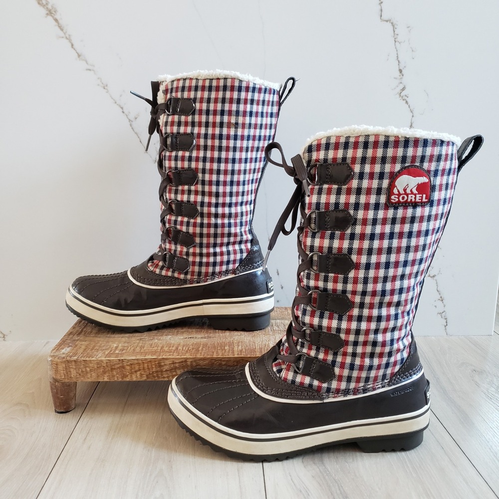Sorel Boots Womens 7 Brown Plaid Tivoli‎ Tall Winter Vintage Waterproof Sherpa